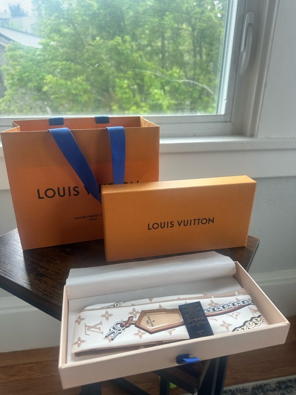 Louis Vuitton Beige and White Monogram BB Bandeau Silk Scarf